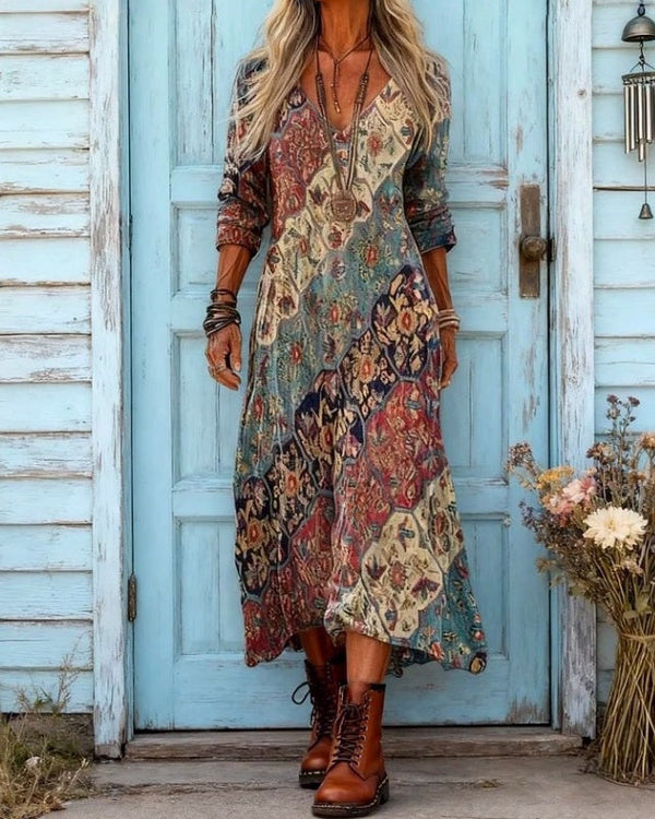SOLINE | Robe Longue Vintage à Imprimé Ethnique Manches Longues