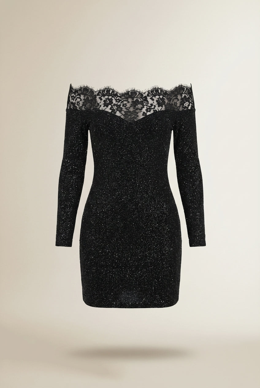 Lay-flat product shot of VINA | Robe de fête noire élégante avec paillettes et dentelle