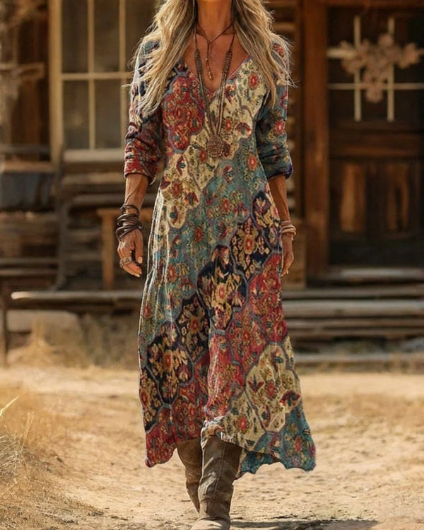 SOLINE | Robe Longue Vintage à Imprimé Ethnique Manches Longues