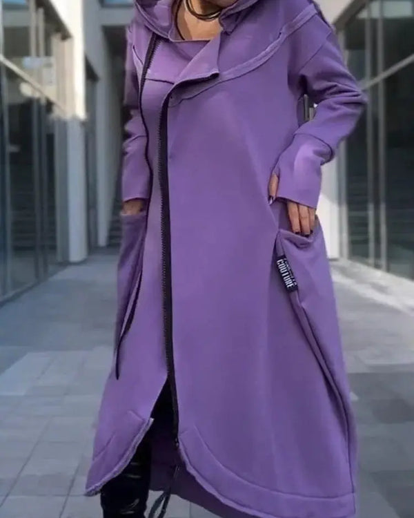 Longue hoodie zippée noire pour femme - style urbain et confort