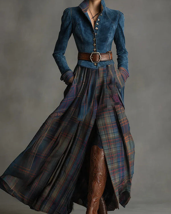 EDURNE | Élégance Bohème en Daim Bleu et Jupe à Carreaux