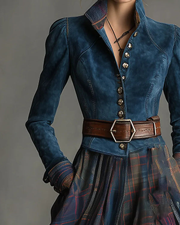 EDURNE | Élégance Bohème en Daim Bleu et Jupe à Carreaux