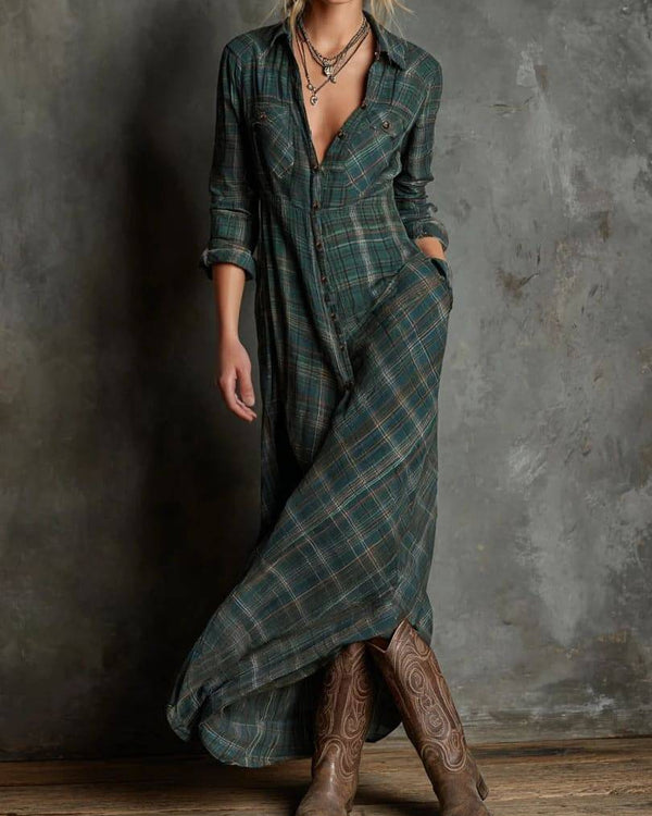 LALUNA | Robe Longue à Revers Carreaux Verts