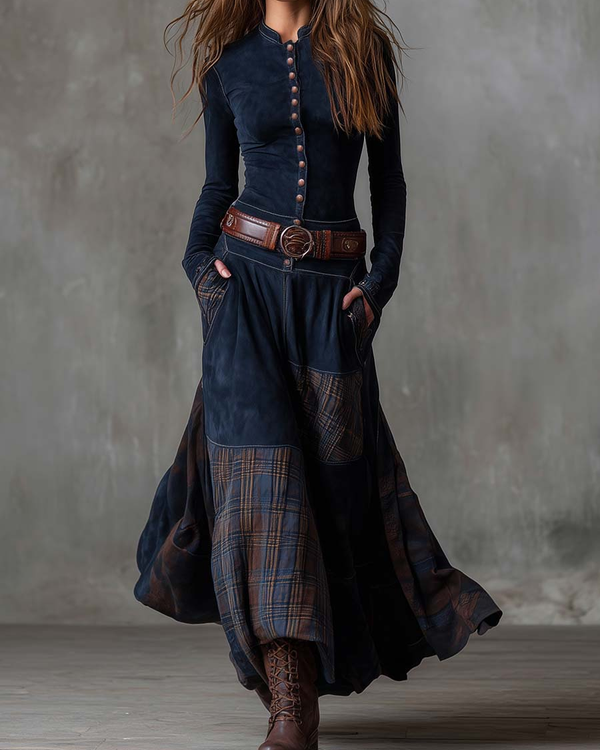 AZUCENA | Élégance Bohème en Daim Bleu Nuit et Carreaux Terre