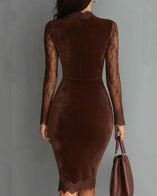 SOFIE | Robe Mini Velours Marron avec Dentelle Élégante