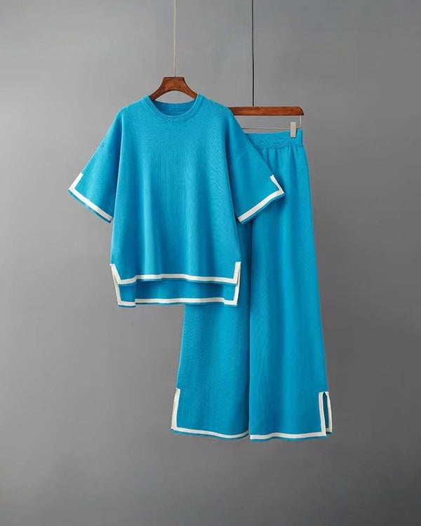 Ensemble Femme Soie de Glace manches courtes bleu élégant