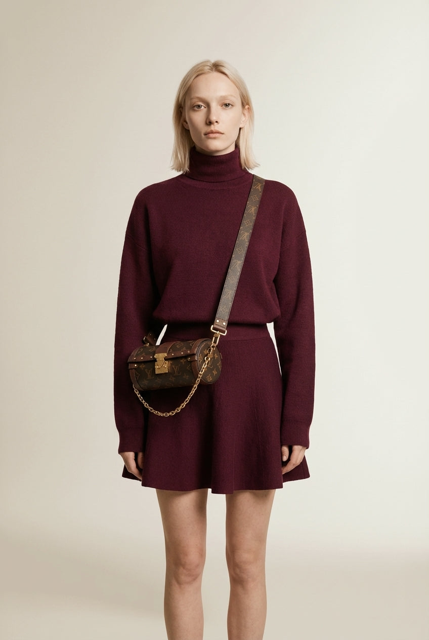 Full body view of the model wearing LÉANA | Ensemble jupe & haut moulant élégance urbaine