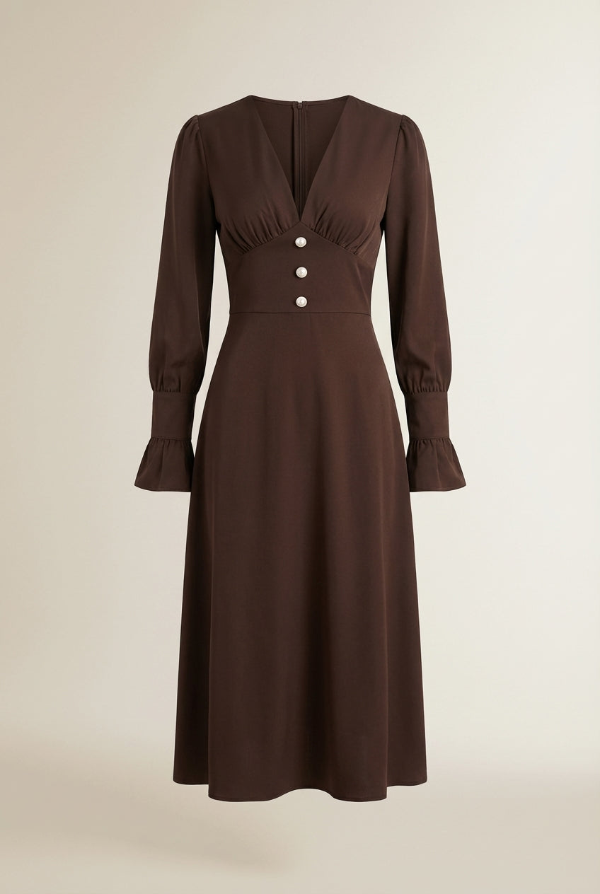 Lay-flat product shot of CAMILLE | Robe longue élégante a détails patchwork