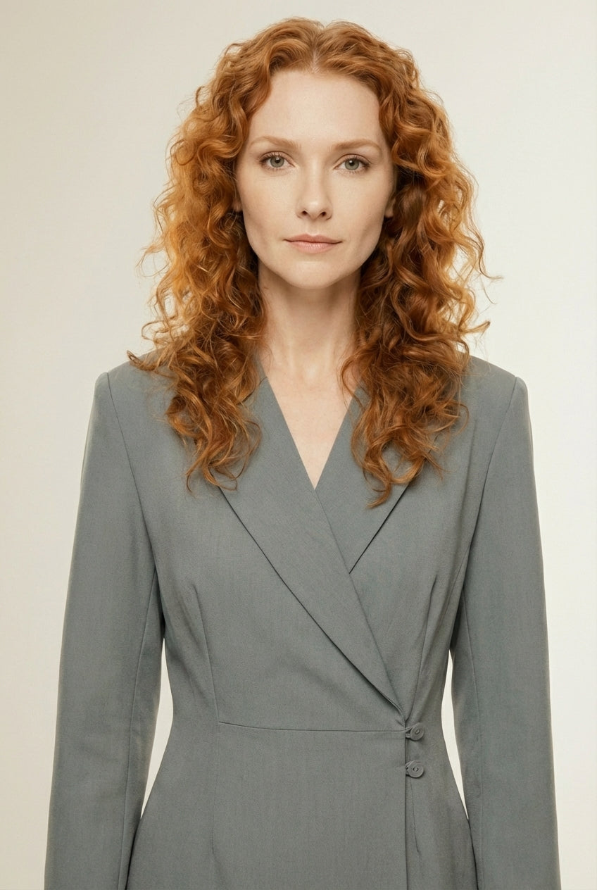 Close-up of the model wearing AMELIE | Robe Blazer Élégante à Jupe Plissée