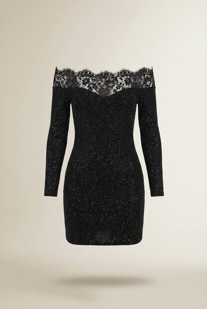 Lay-flat product shot of VINA | Robe de fête noire élégante avec paillettes et dentelle