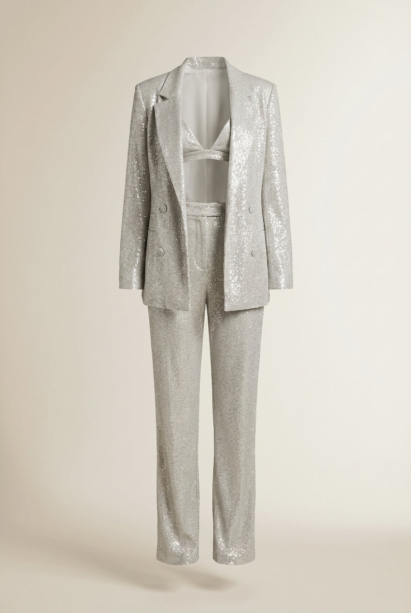 Lay-flat product shot of TANJA | Ensemble pailleté 3 pièces – blazer, pantalon & top