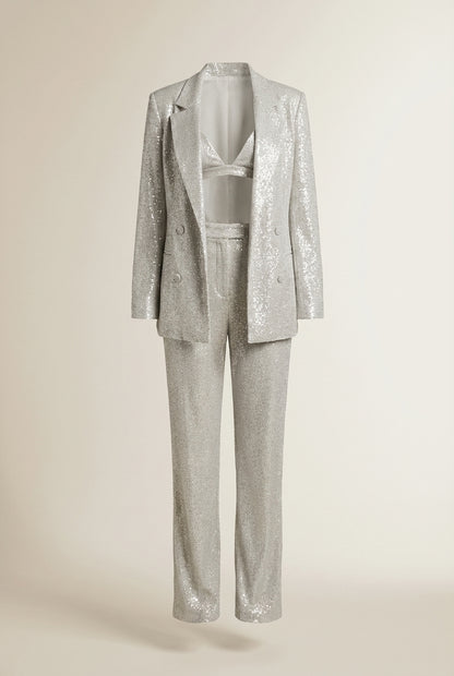 Lay-flat product shot of TANJA | Ensemble pailleté 3 pièces – blazer, pantalon & top