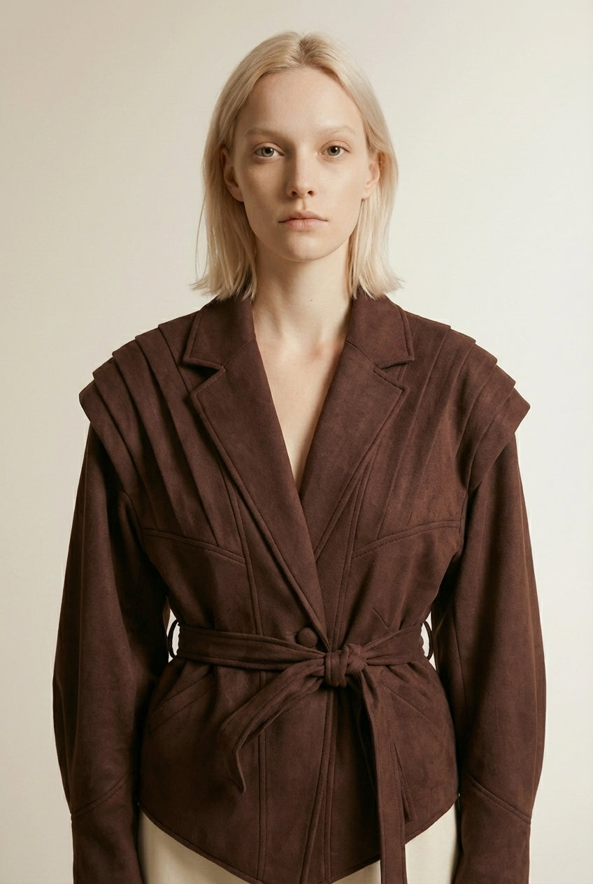 Close-up of the model wearing ELINE | Veste femme à épaules plissées et ceinture nouée