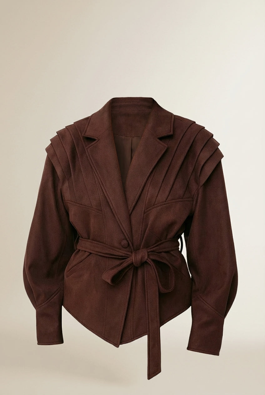 Lay-flat product shot of ELINE | Veste femme à épaules plissées et ceinture nouée