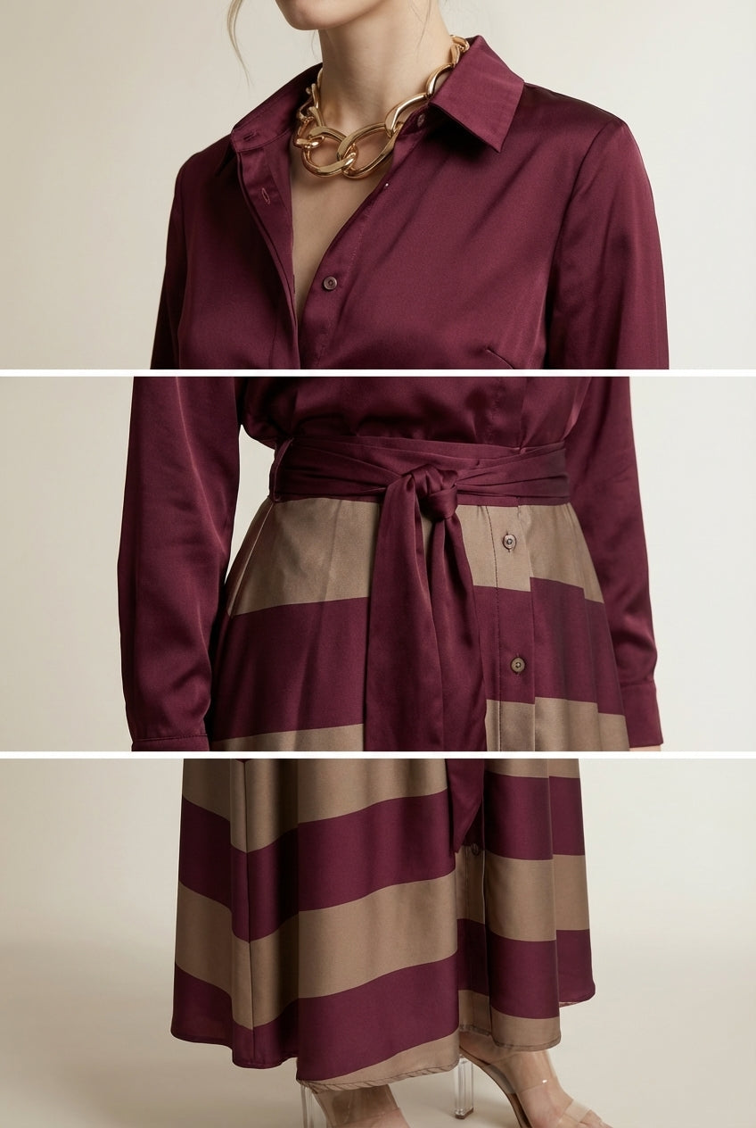 Detail shot of NESSIA | Robe Chemise Longue Rayée avec Ceinture Nessia