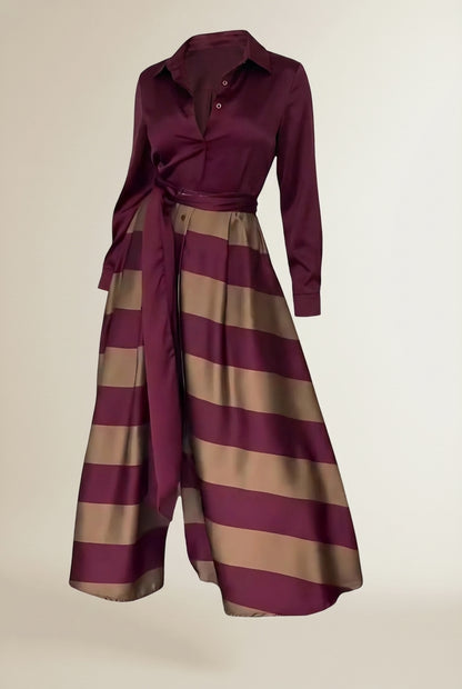 Lay-flat product shot of NESSIA | Robe Chemise Longue Rayée avec Ceinture Nessia