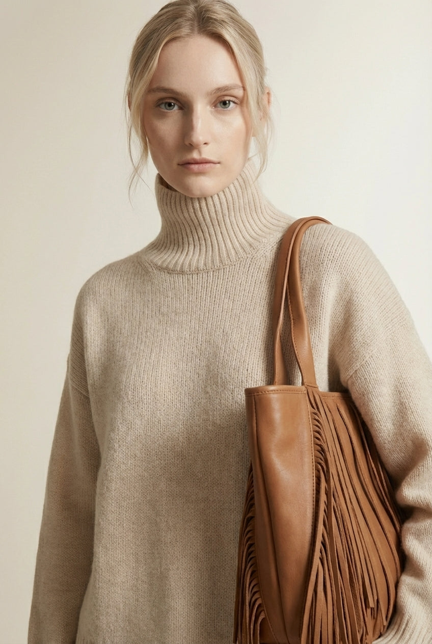 Close-up of the model wearing ISABELLA | Élégance En Cachemire