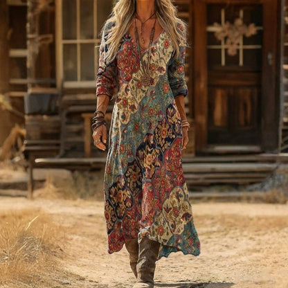 SOLINE | Robe Longue Vintage à Imprimé Ethnique Manches Longues