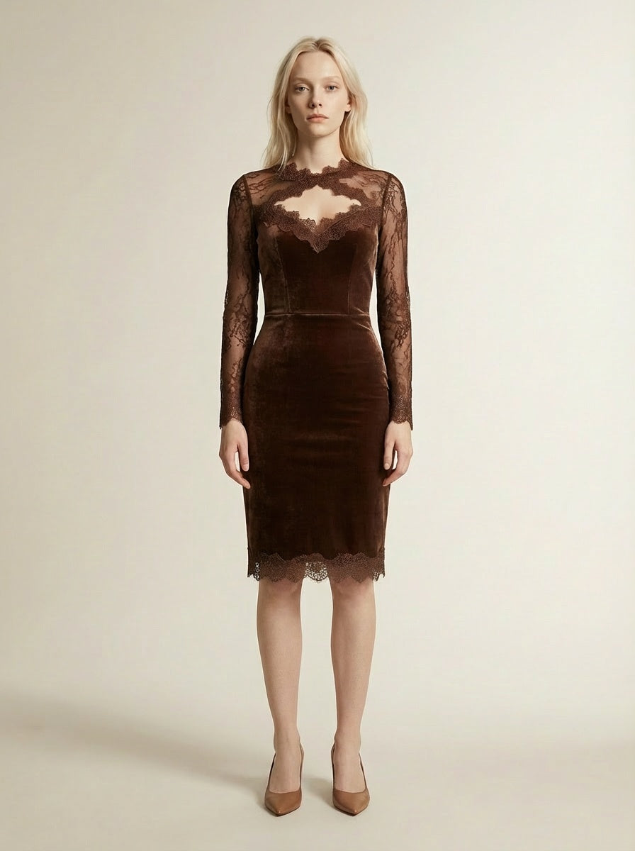 Full body view of the model wearing Brown Velvet Mini Dress with Lace Sleeves and Keyhole Neckline