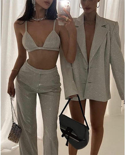 TANJA | Ensemble pailleté 3 pièces – blazer, pantalon & top
