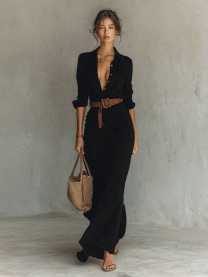 Robe Longue Noire Chic à Col Revers et Ceinture Simili Cuir