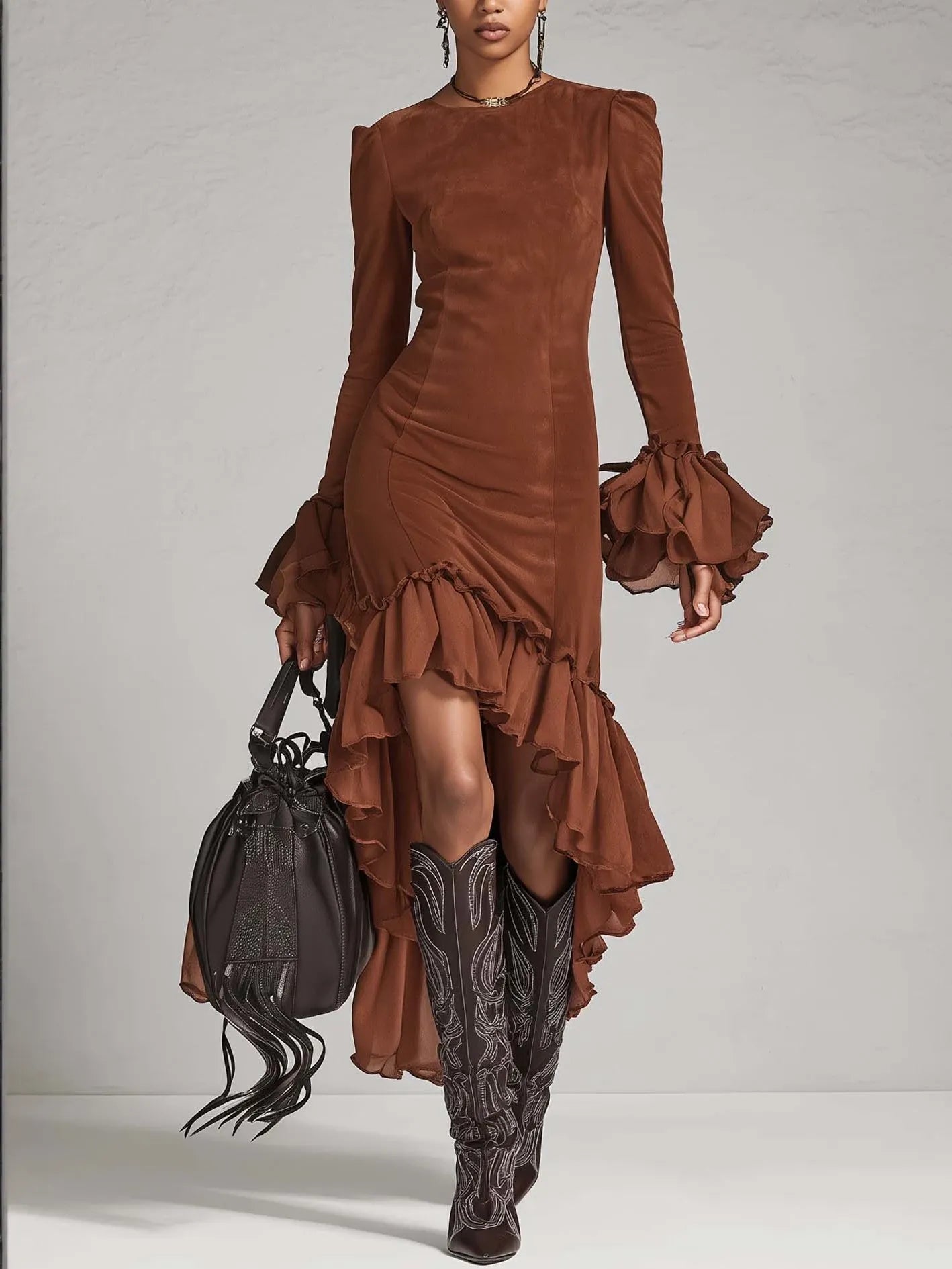 LEA | Robe Bodycon Marron en Suédine avec Volants et Ourlet Asymétrique