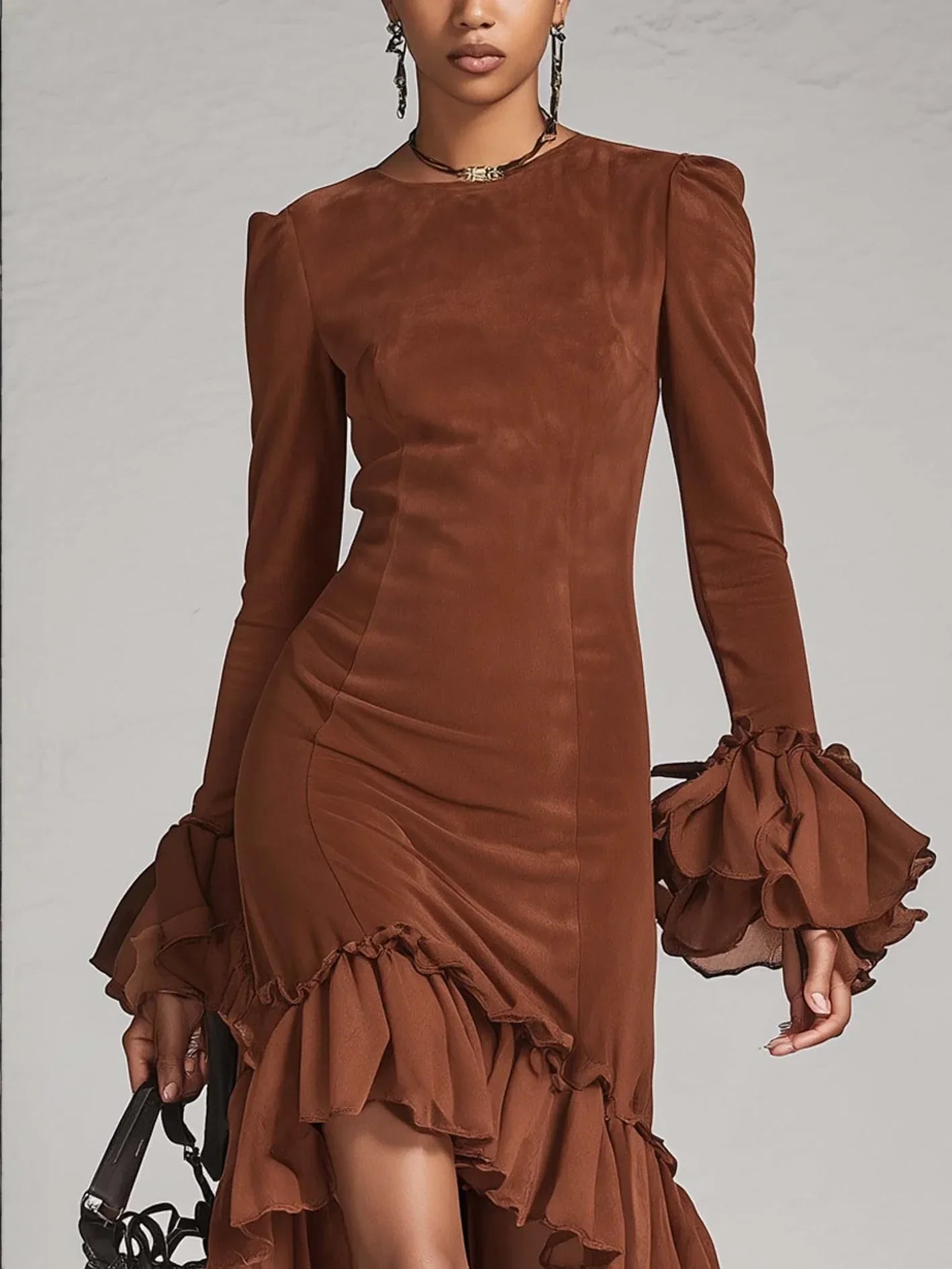 LEA | Robe Bodycon Marron en Suédine avec Volants et Ourlet Asymétrique