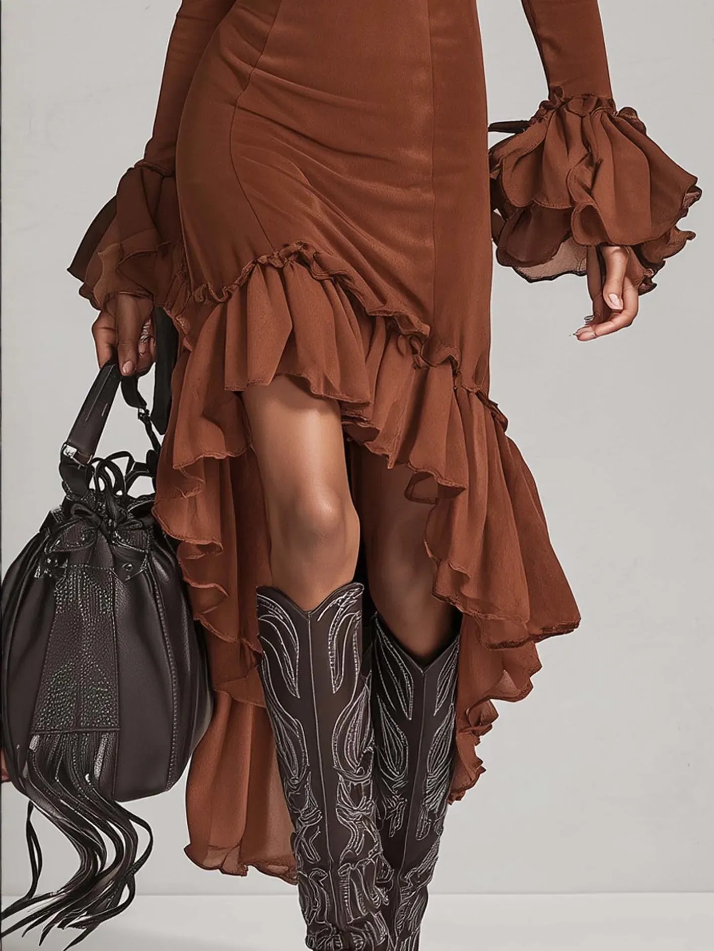 LEA | Robe Bodycon Marron en Suédine avec Volants et Ourlet Asymétrique