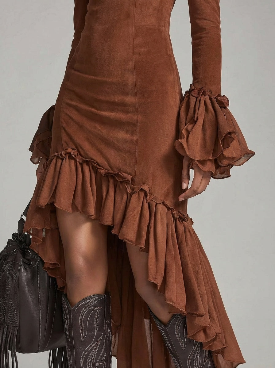 Detail shot of Faux Suede Ruffled Asymmetrical Hem Bodycon Dress