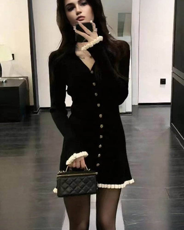 Robe pull à col en V avec ceinture – Élégance douce & confort absolu