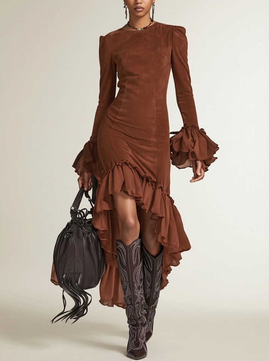 Lay-flat product shot of Faux Suede Ruffled Asymmetrical Hem Bodycon Dress