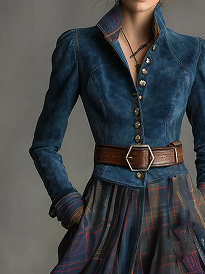 EDURNE | Élégance Bohème en Daim Bleu et Jupe à Carreaux