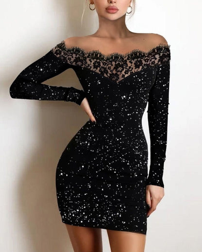 VINA | Robe de fête noire élégante avec paillettes et dentelle