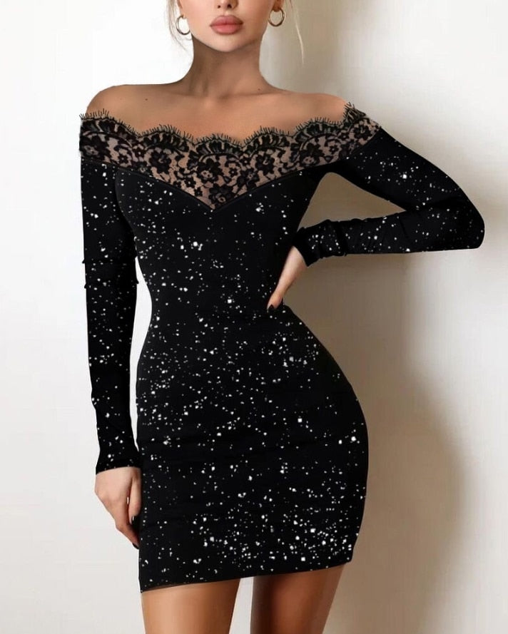 VINA | Robe de fête noire élégante avec paillettes et dentelle