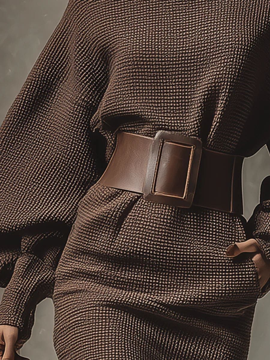 Robe Maillée Marron à Ceinture Large Sculptante