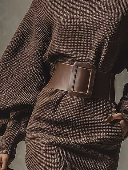 Robe Maillée Marron à Ceinture Large Sculptante