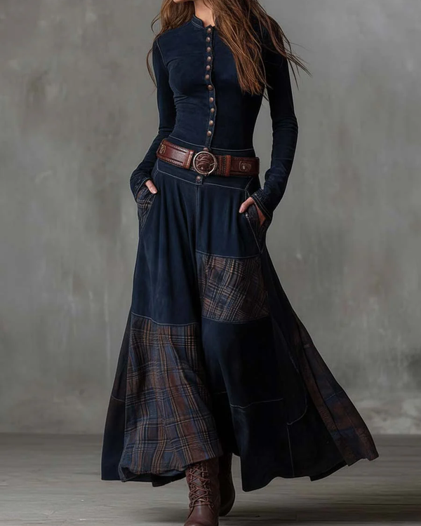 AZUCENA | Élégance Bohème en Daim Bleu Nuit et Carreaux Terre