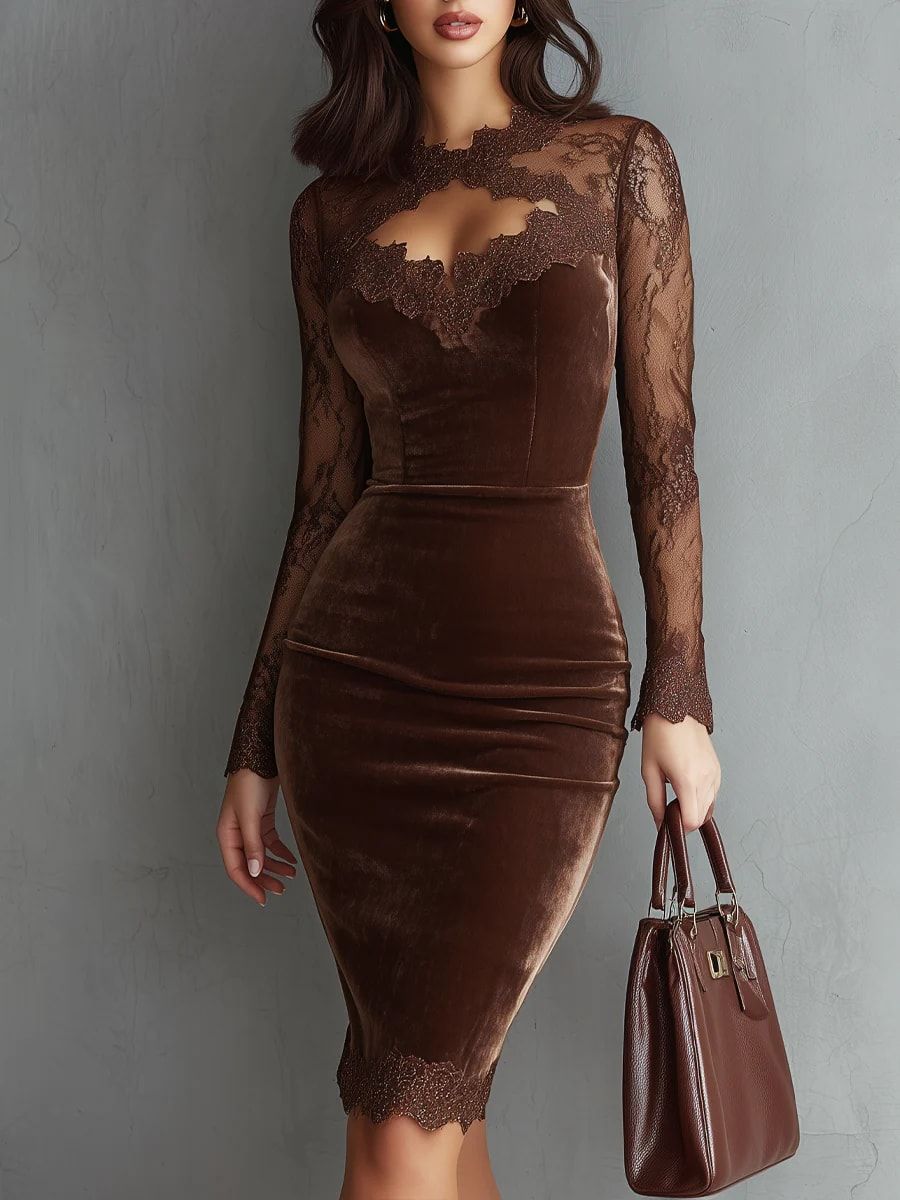 SOFIE | Robe Mini Velours Marron avec Dentelle Élégante