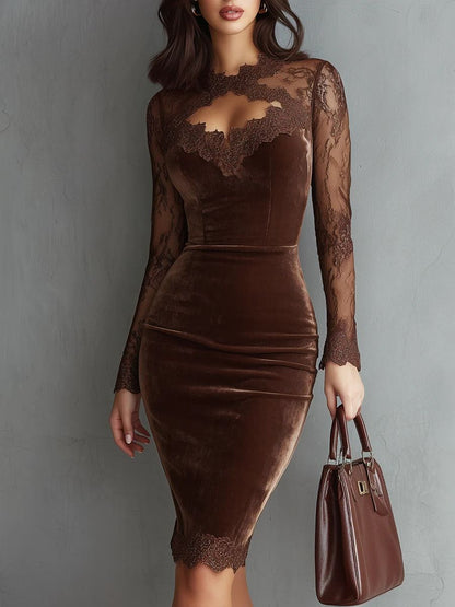 SOFIE | Robe Mini Velours Marron avec Dentelle Élégante
