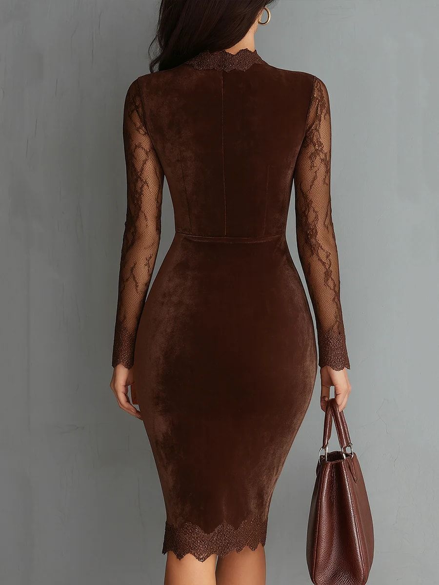 SOFIE | Robe Mini Velours Marron avec Dentelle Élégante