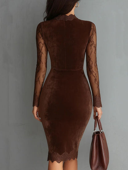 SOFIE | Robe Mini Velours Marron avec Dentelle Élégante