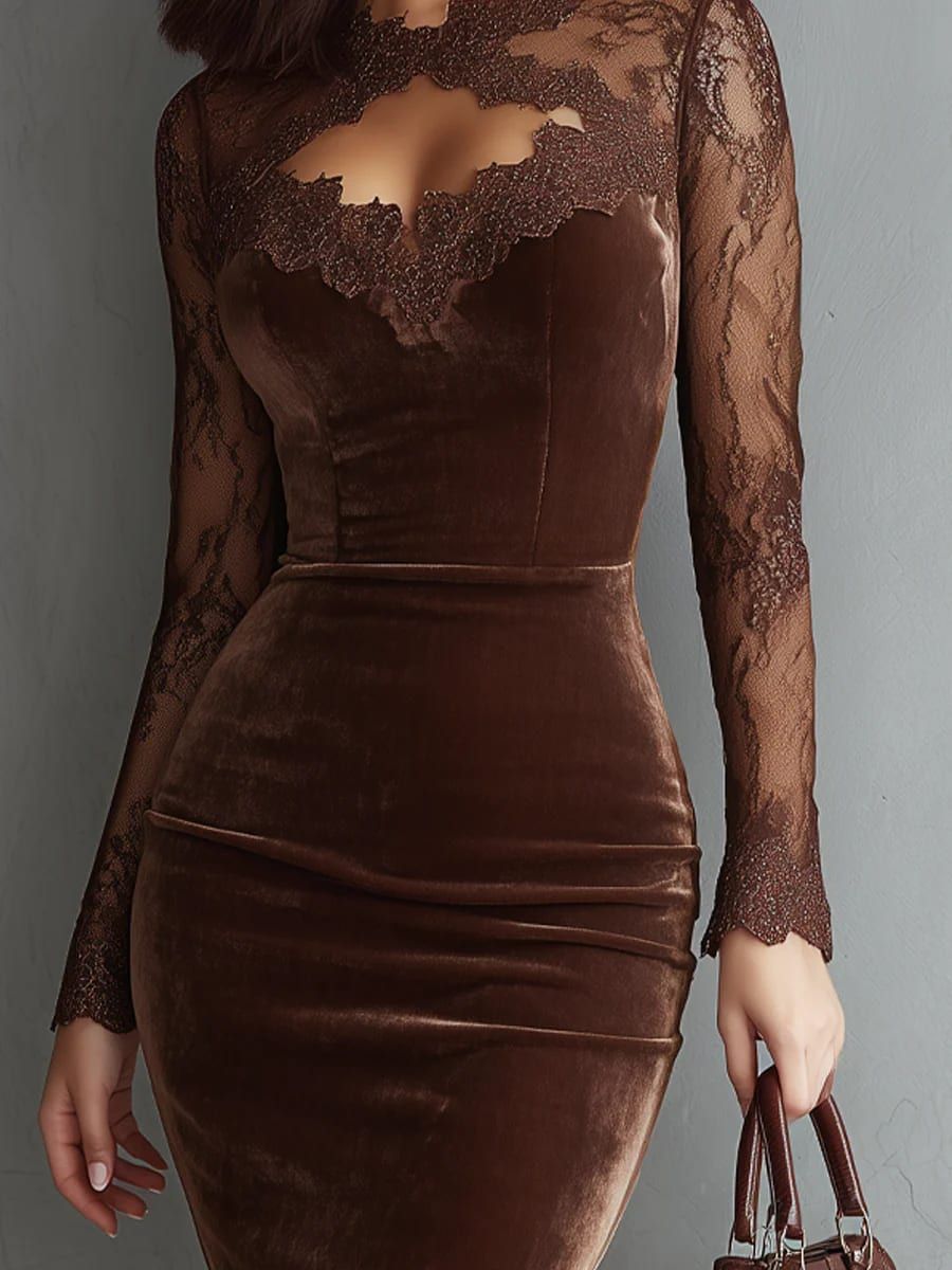 SOFIE | Robe Mini Velours Marron avec Dentelle Élégante