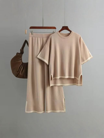 Ensemble Femme Soie de Glace manches courtes bleu élégant