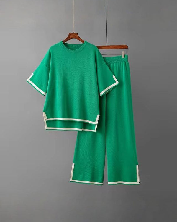 Ensemble Femme Soie de Glace manches courtes bleu élégant