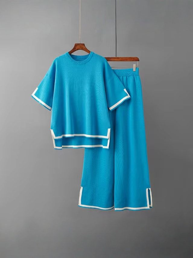 Ensemble Femme Soie de Glace manches courtes bleu élégant