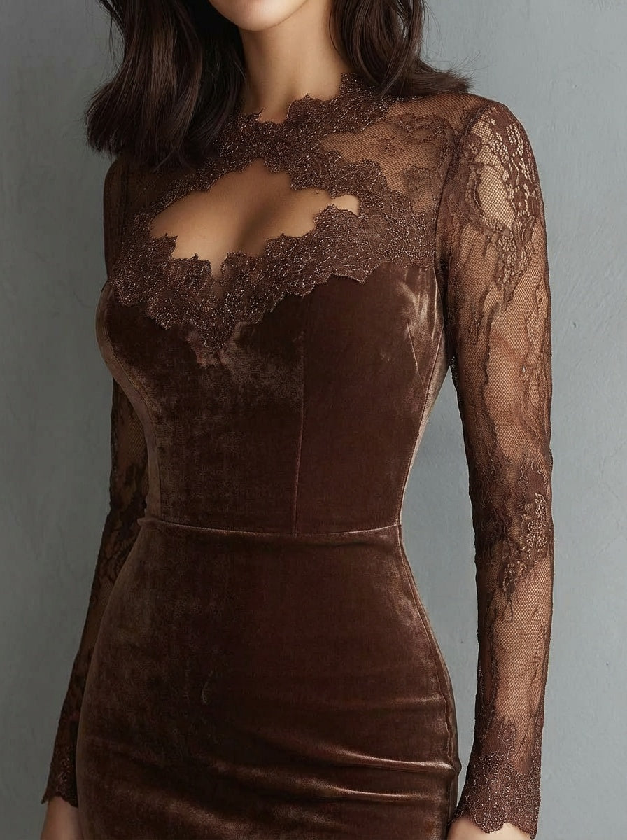 Detail shot of Brown Velvet Mini Dress with Lace Sleeves and Keyhole Neckline