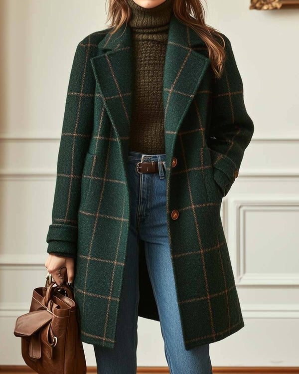 KAITLYN | Manteau long en tweed a carreaux et col revers