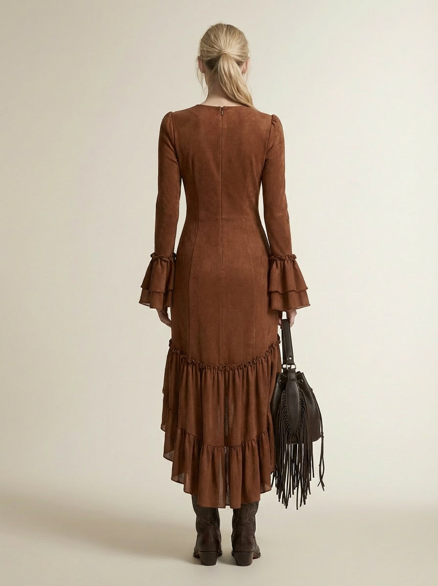 Back pose of the model wearing Faux Suede Ruffled Asymmetrical Hem Bodycon Dress