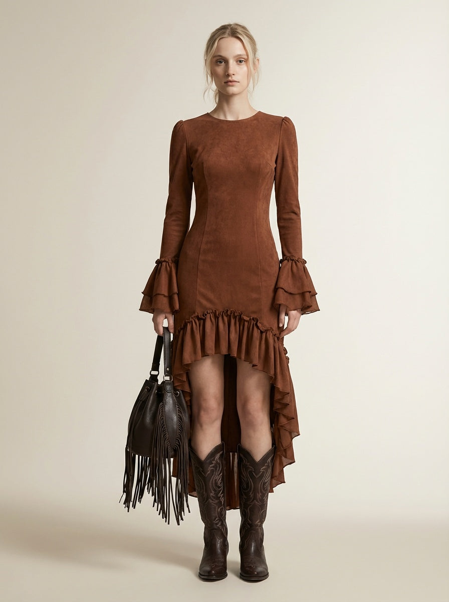 Full body view of the model wearing Faux Suede Ruffled Asymmetrical Hem Bodycon Dress