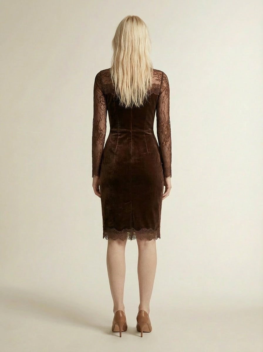 Back pose of the model wearing Brown Velvet Mini Dress with Lace Sleeves and Keyhole Neckline